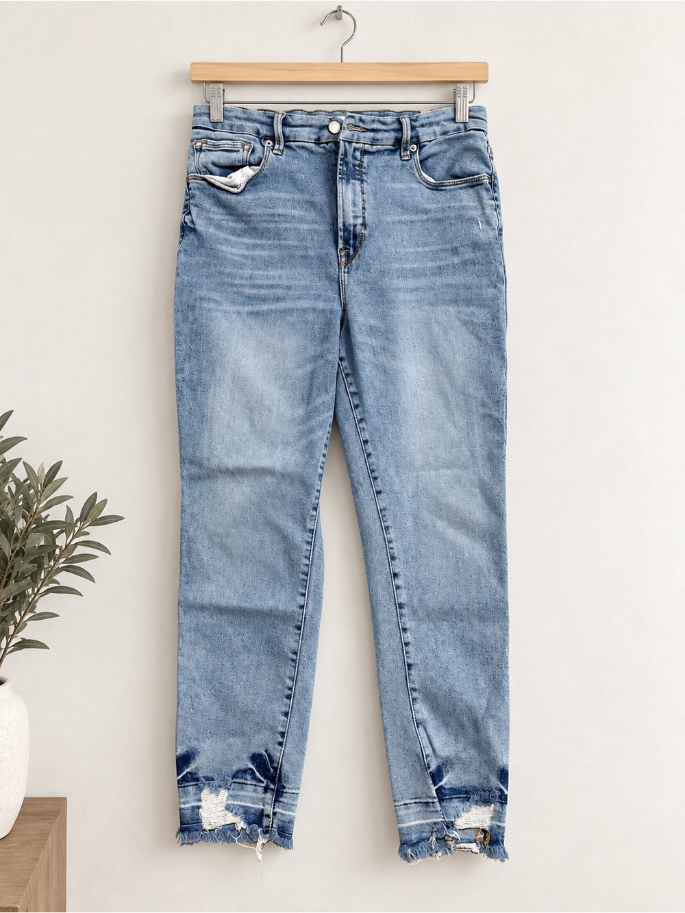 Good American Light Blue Straight Leg Distressed Jeans